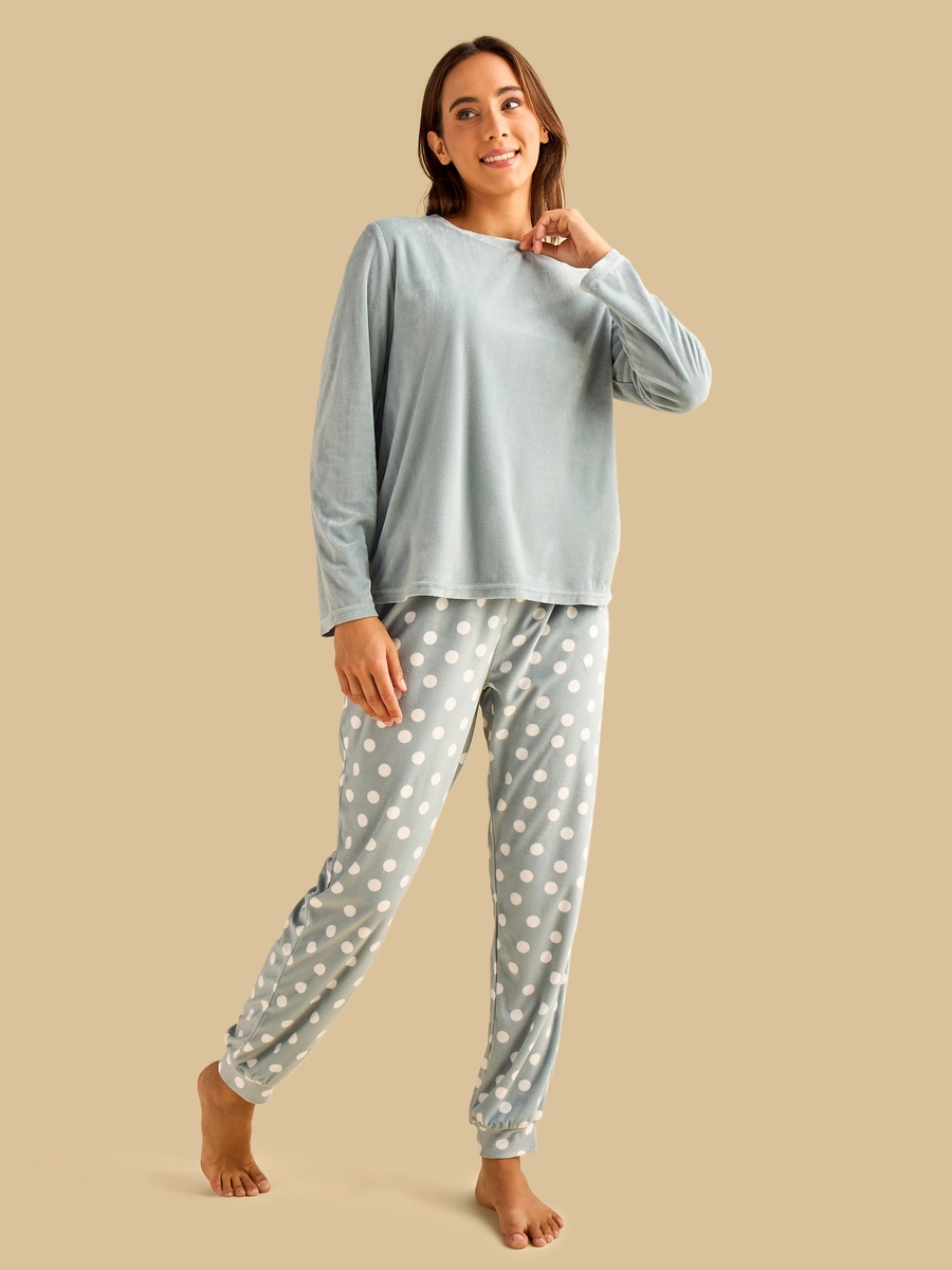 Solid T-Shirt and All-Over Polka Dot Print Pyjama Set
