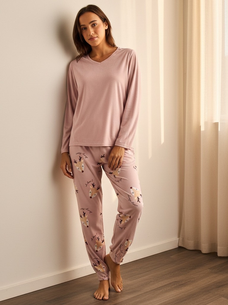 Pink Solid V Neck T-Shirt and Deer Printed Pyjama Set