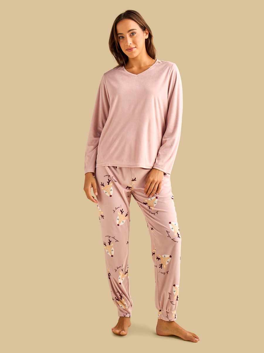 Pink Solid V Neck T-Shirt and Deer Printed Pyjama Set