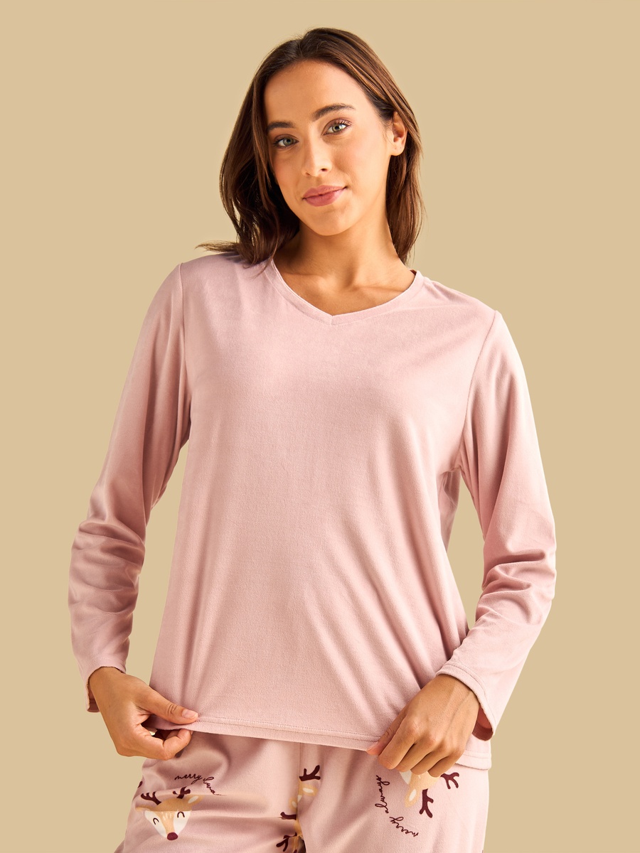 Pink Solid V Neck T-Shirt and Deer Printed Pyjama Set
