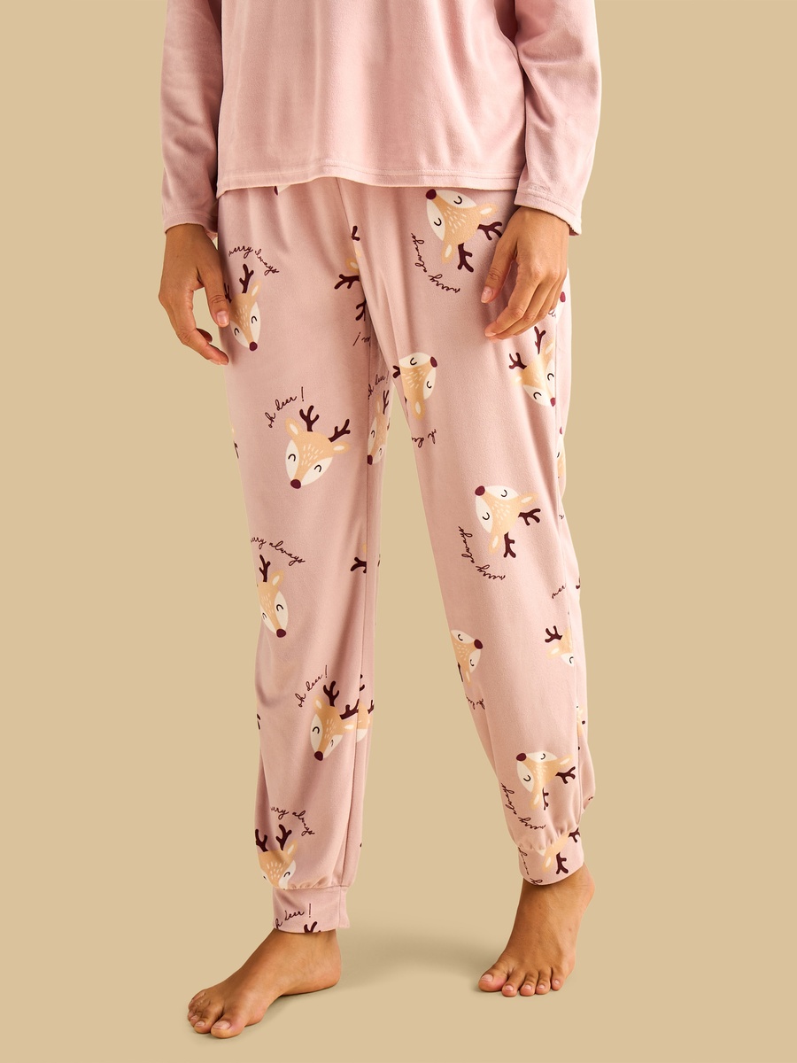 Pink Solid V Neck T-Shirt and Deer Printed Pyjama Set