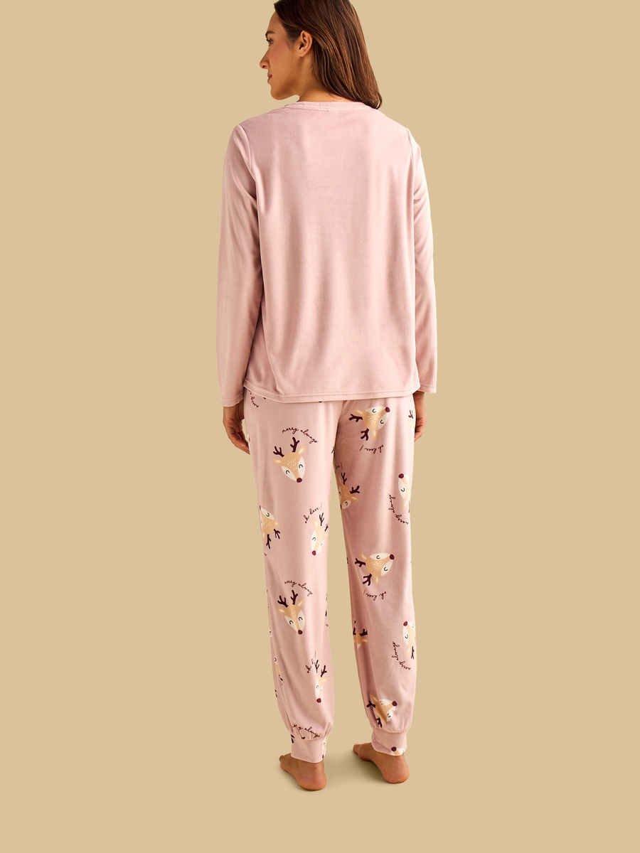 Pink Solid V Neck T-Shirt and Deer Printed Pyjama Set