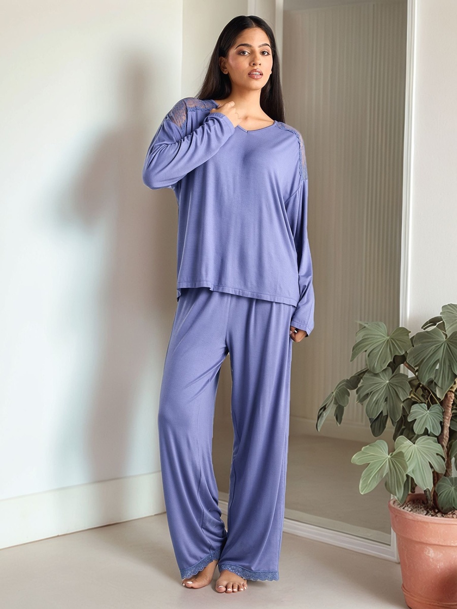 Lace Panel V Neck Top and Pyjama Set