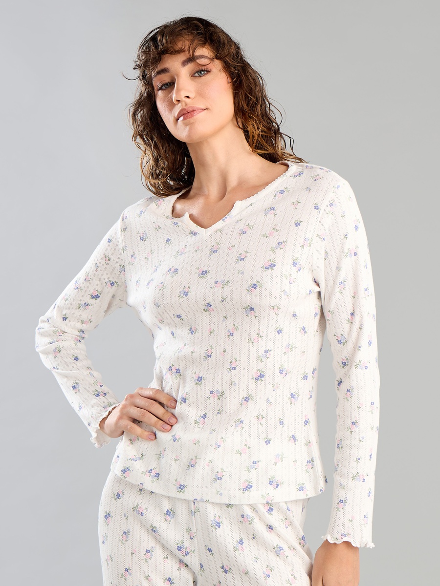 Floral Print Pointelle Cotton Pyjama Set