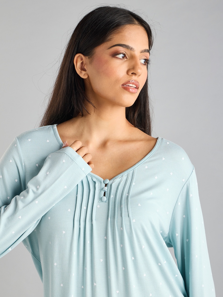 All-Over Heart Print Pintuck Top and Pyjama Set