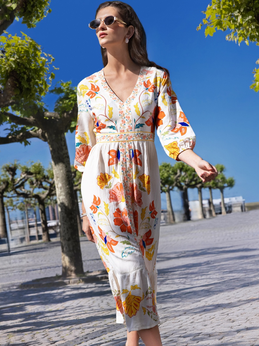 Floral Print V Neck Dress
