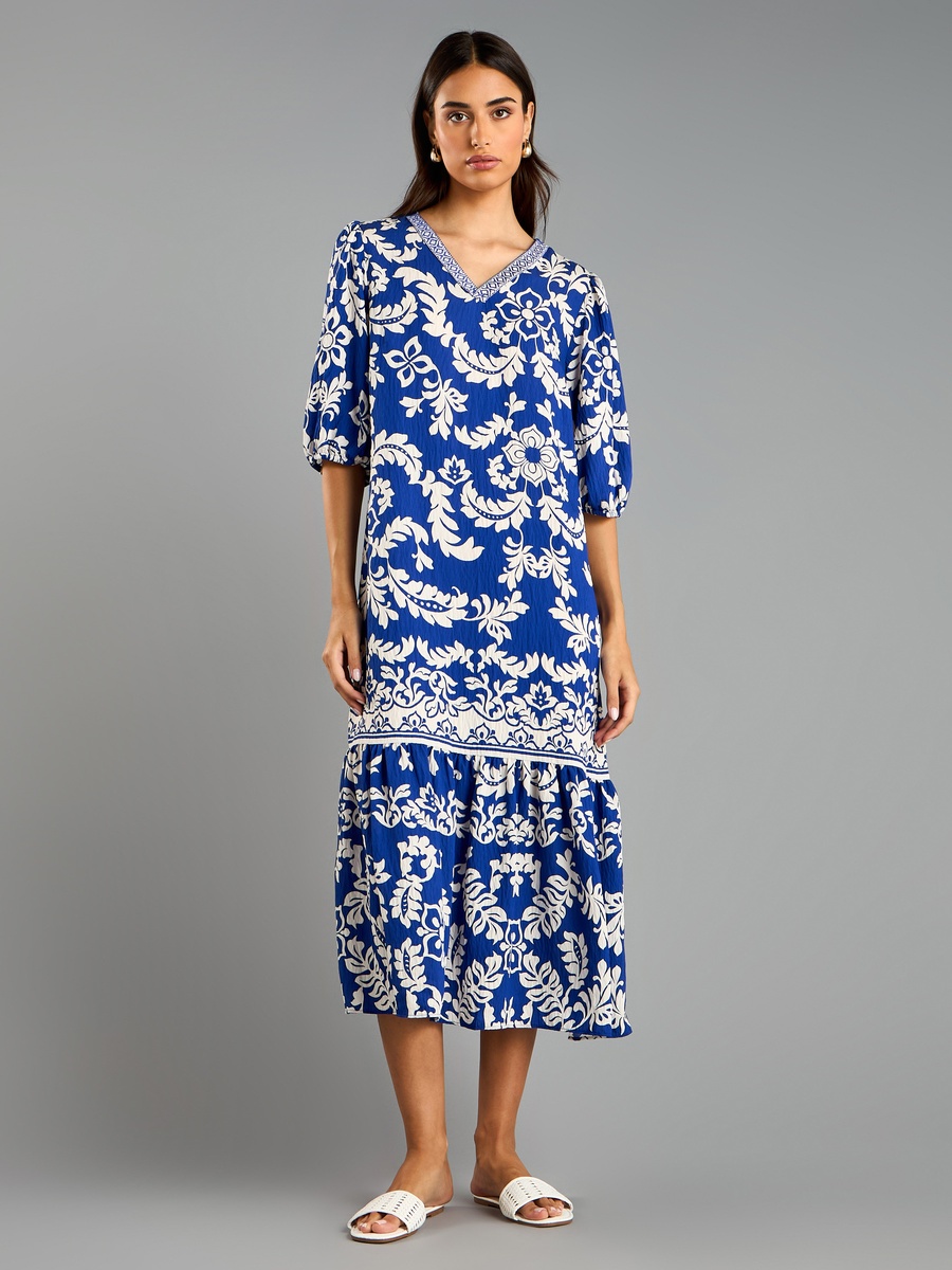 All-Over Print V Neck Dress with 3/4 Sleeves