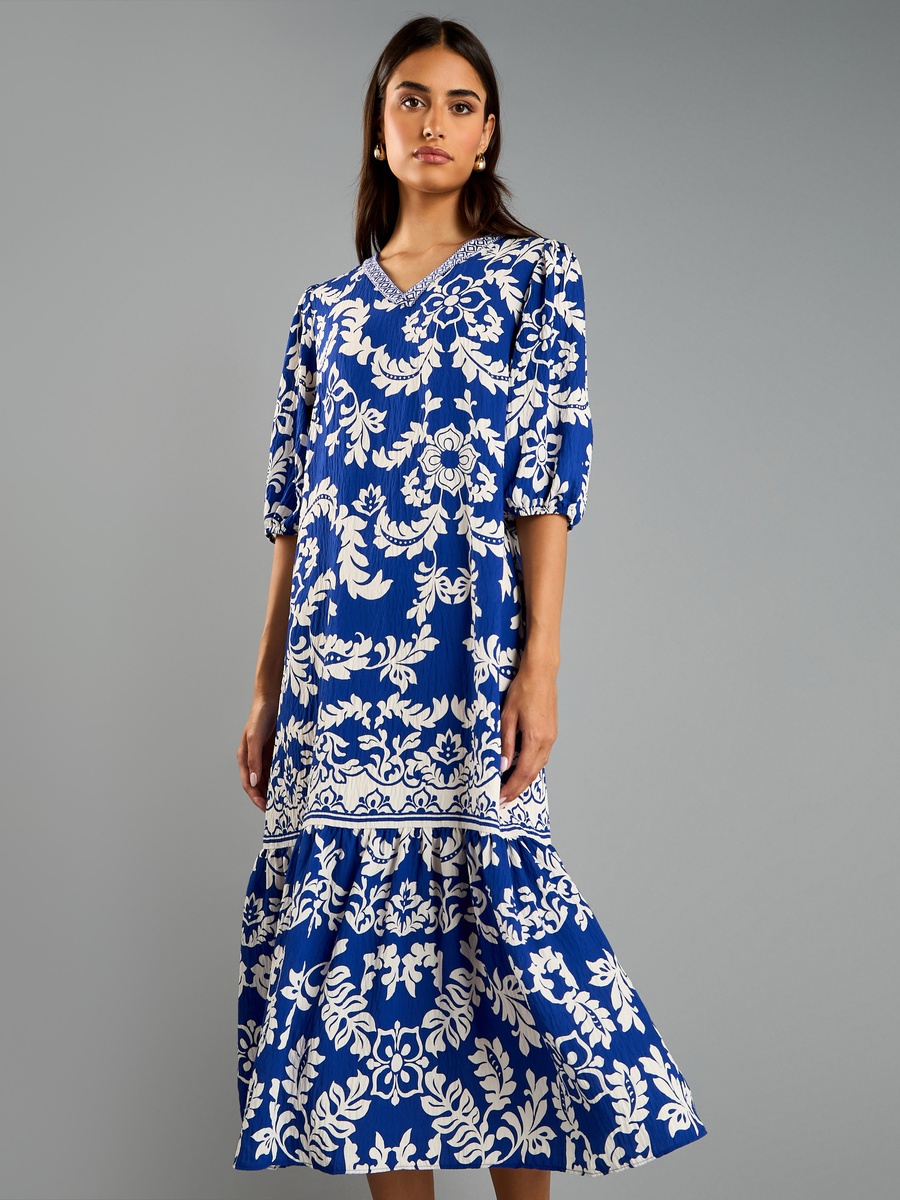 All-Over Print V Neck Dress with 3/4 Sleeves