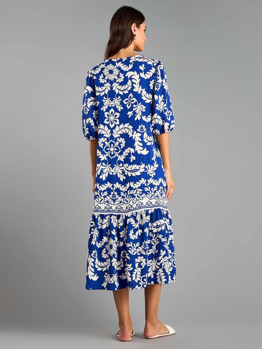 All-Over Print V Neck Dress with 3/4 Sleeves