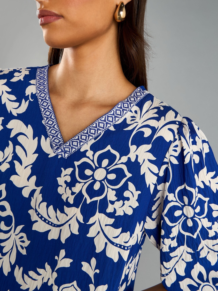 All-Over Print V Neck Dress with 3/4 Sleeves