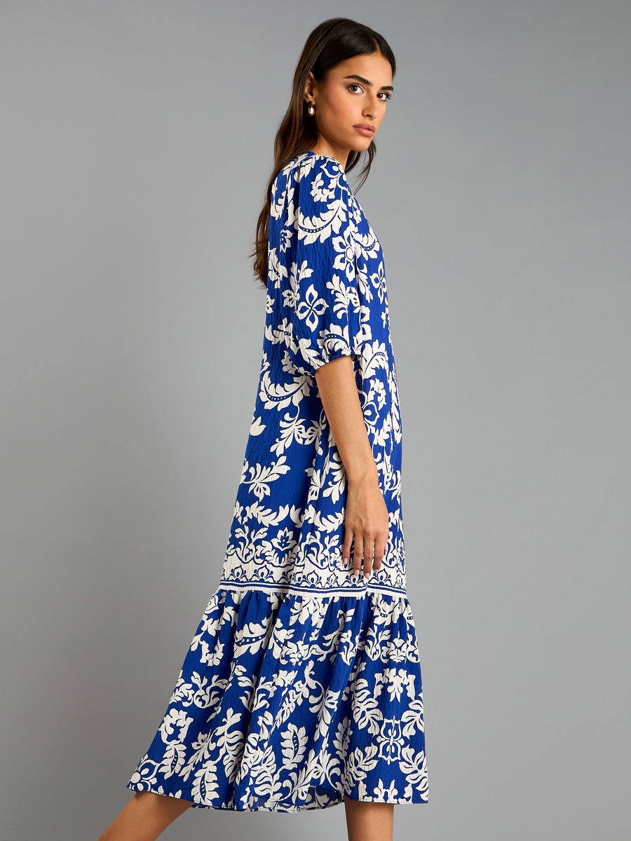 All-Over Print V Neck Dress with 3/4 Sleeves