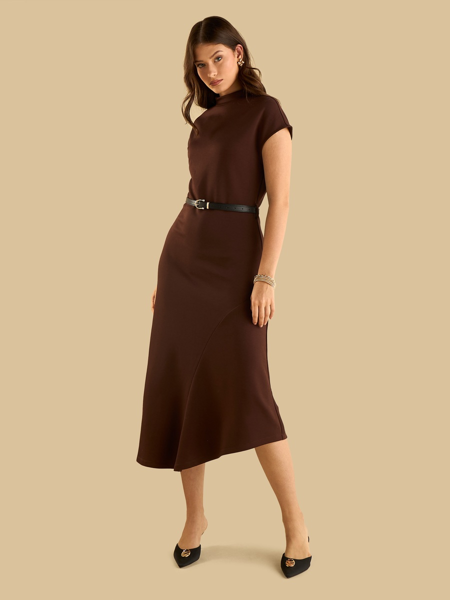 Asymmetric Hem Belted Dress