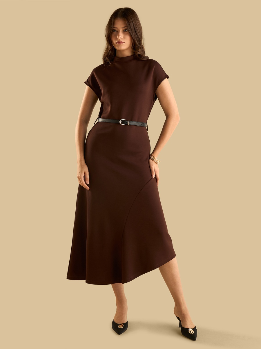 Asymmetric Hem Belted Dress