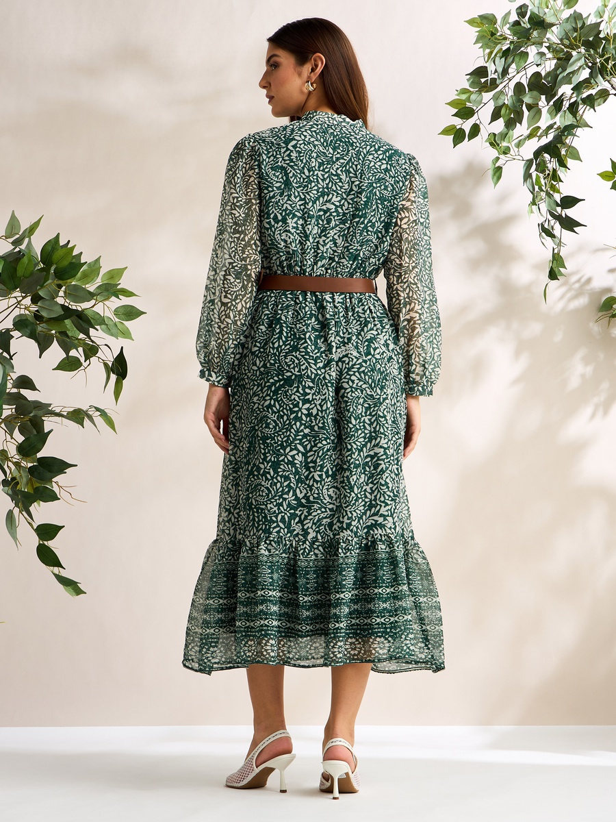 Floral Print Chiffon Belted Dress with Flounce Hem