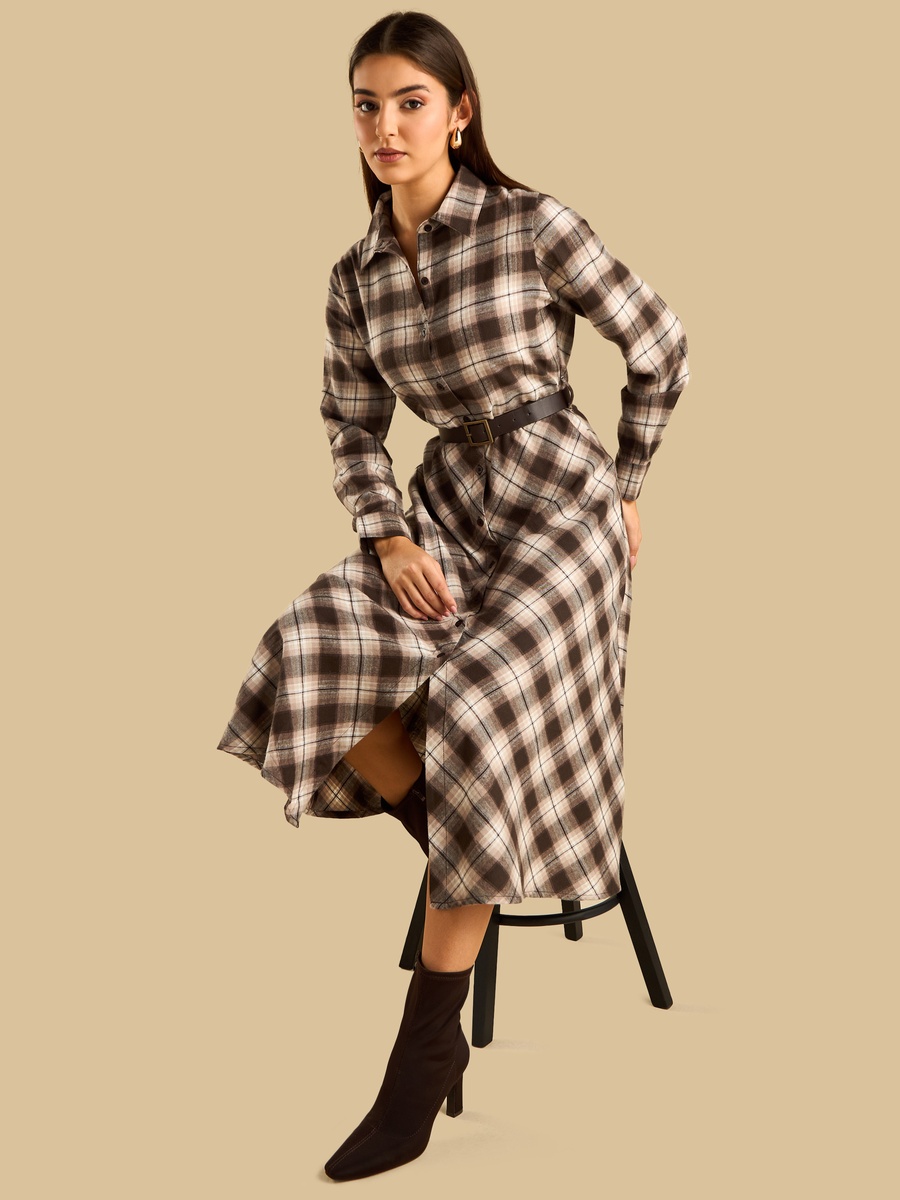 Checked Shirt Dress with Belt