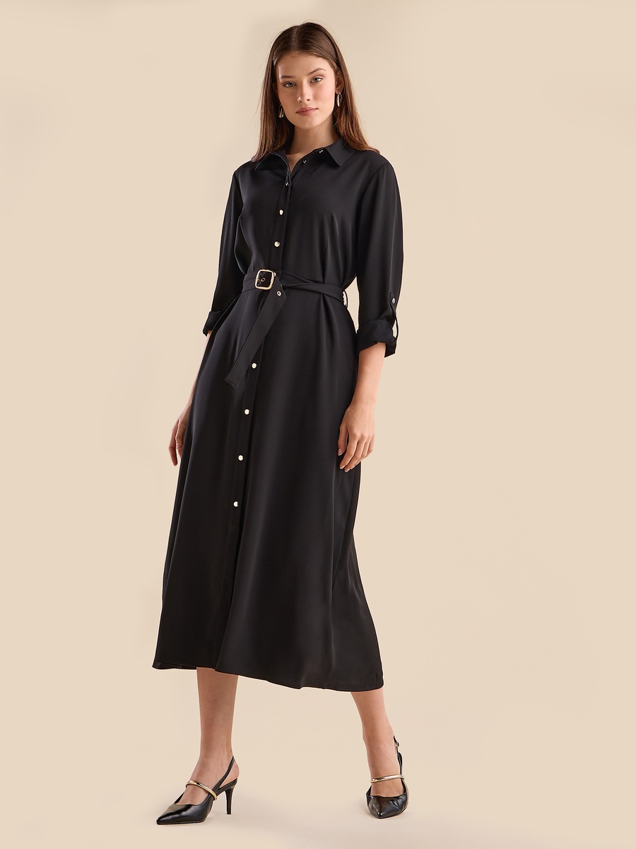 Plain Belted Shirt Dress