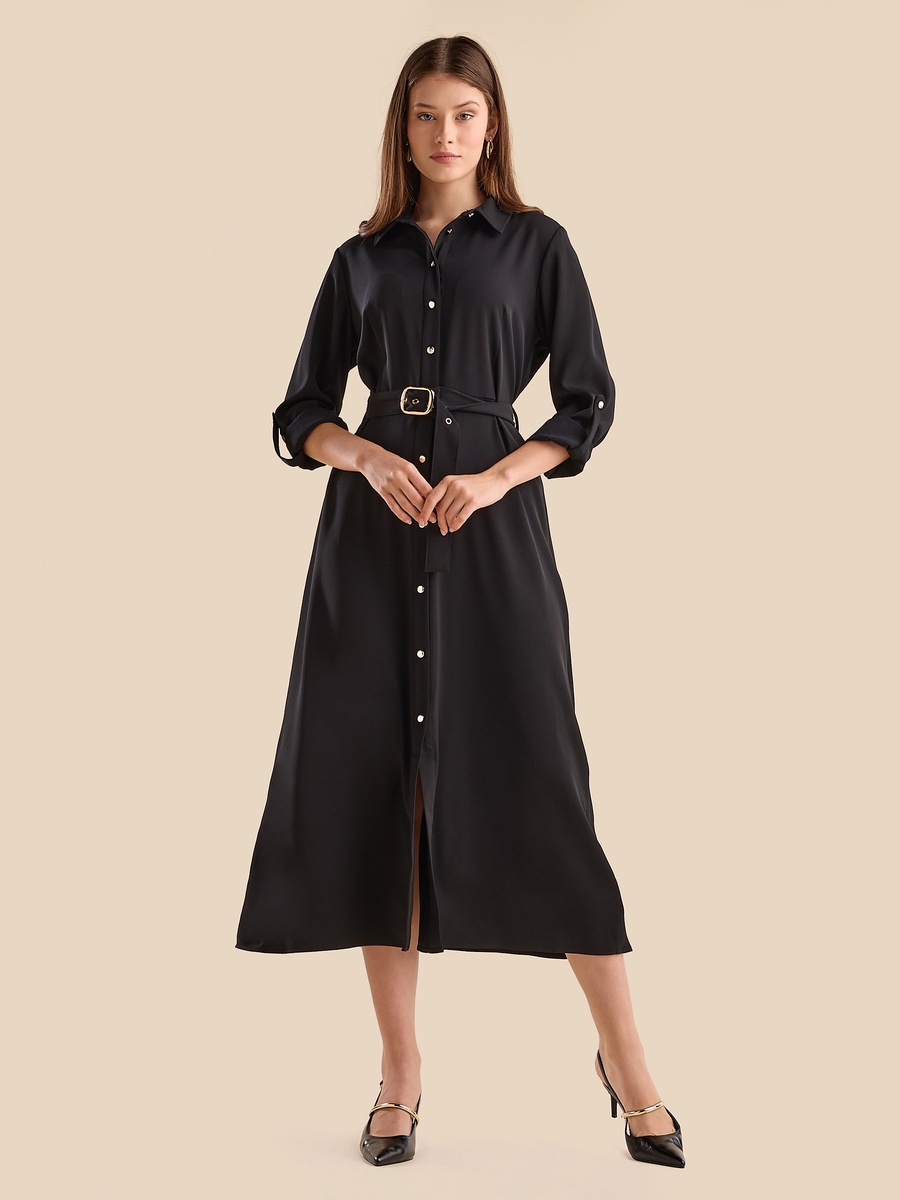 Plain Belted Shirt Dress