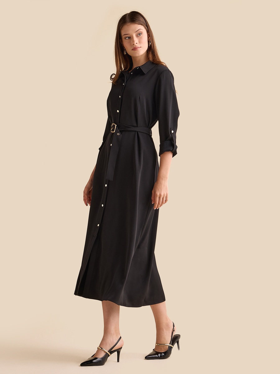 Plain Belted Shirt Dress