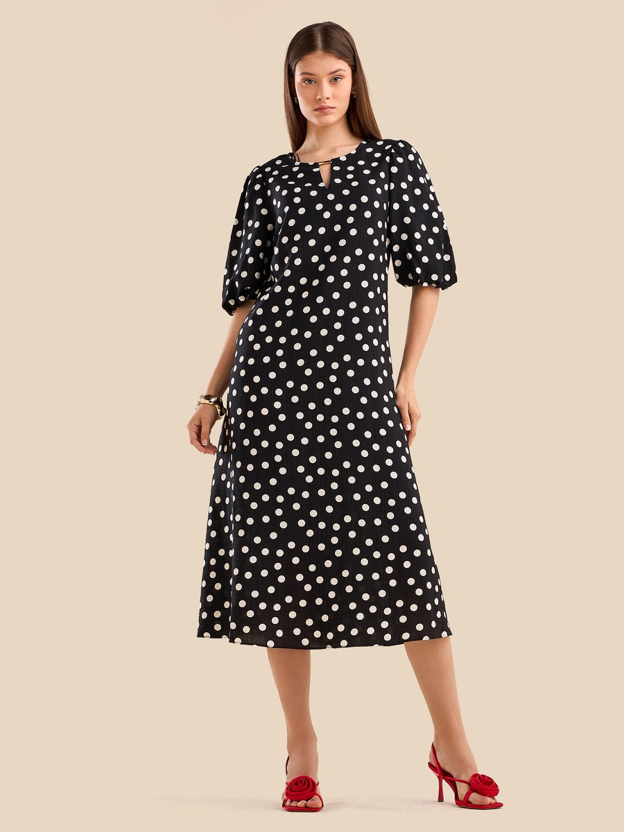 Polka Dot Print Keyhole Dress with Volume Sleeves