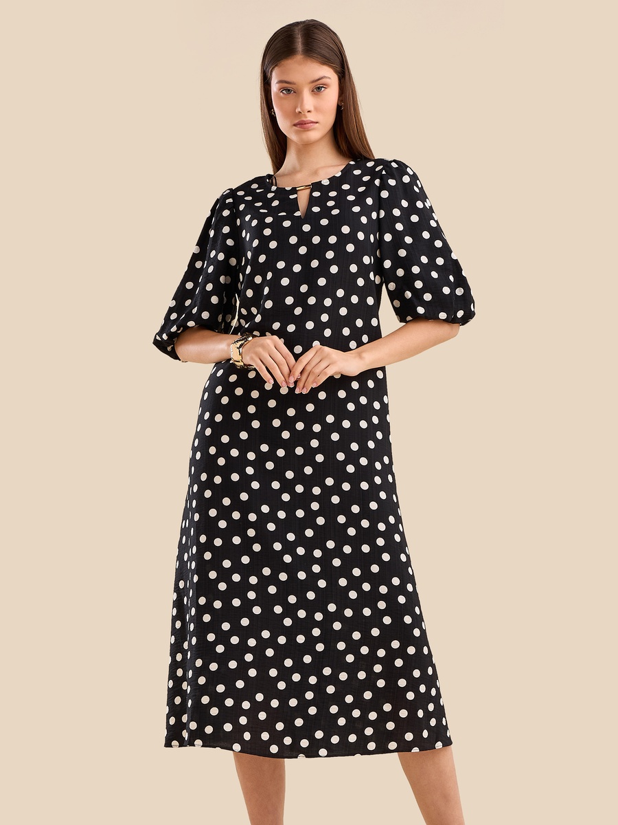 Polka Dot Print Keyhole Dress with Volume Sleeves