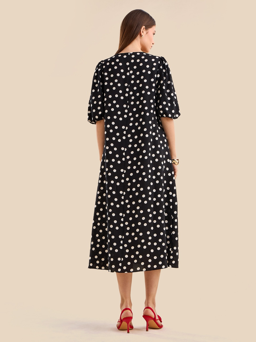 Polka Dot Print Keyhole Dress with Volume Sleeves