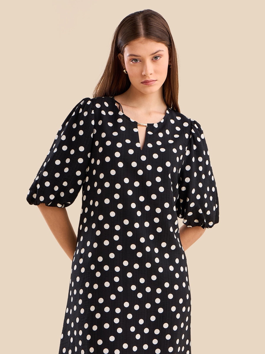Polka Dot Print Keyhole Dress with Volume Sleeves