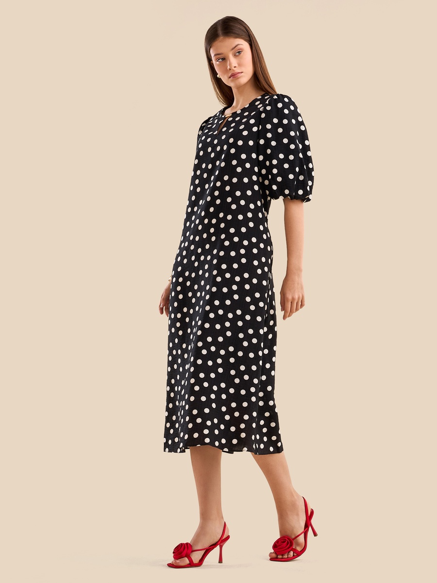 Polka Dot Print Keyhole Dress with Volume Sleeves