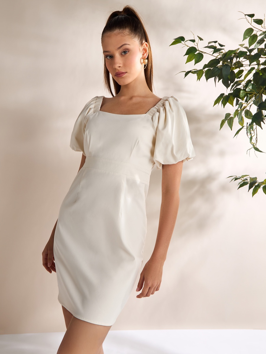 Plain Square Neck Mini Dress with Balloon Sleeves