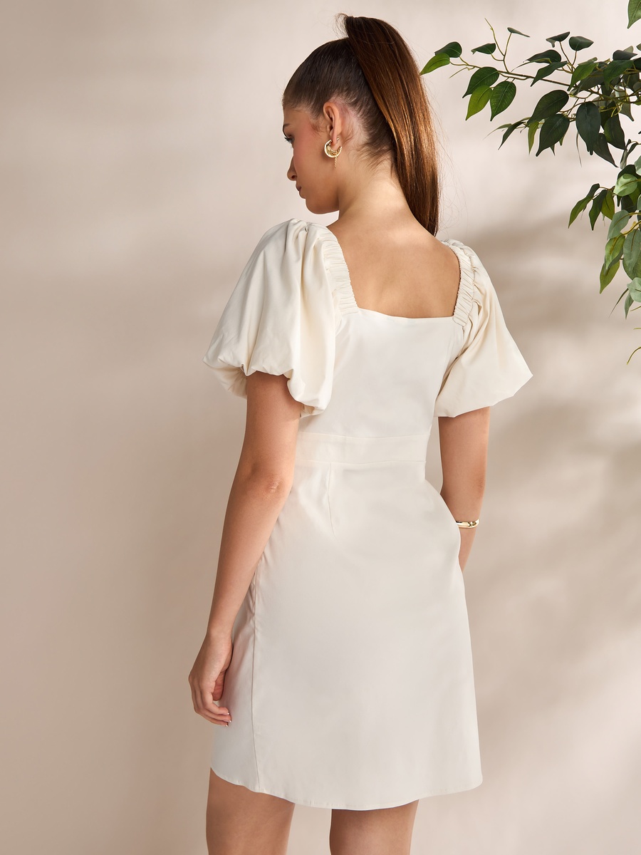 Plain Square Neck Mini Dress with Balloon Sleeves