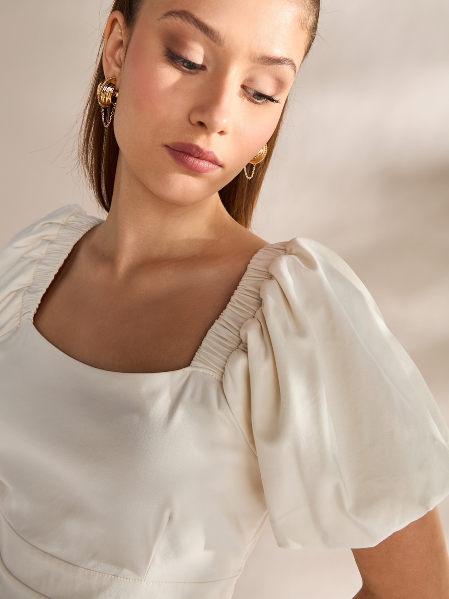 Plain Square Neck Mini Dress with Balloon Sleeves