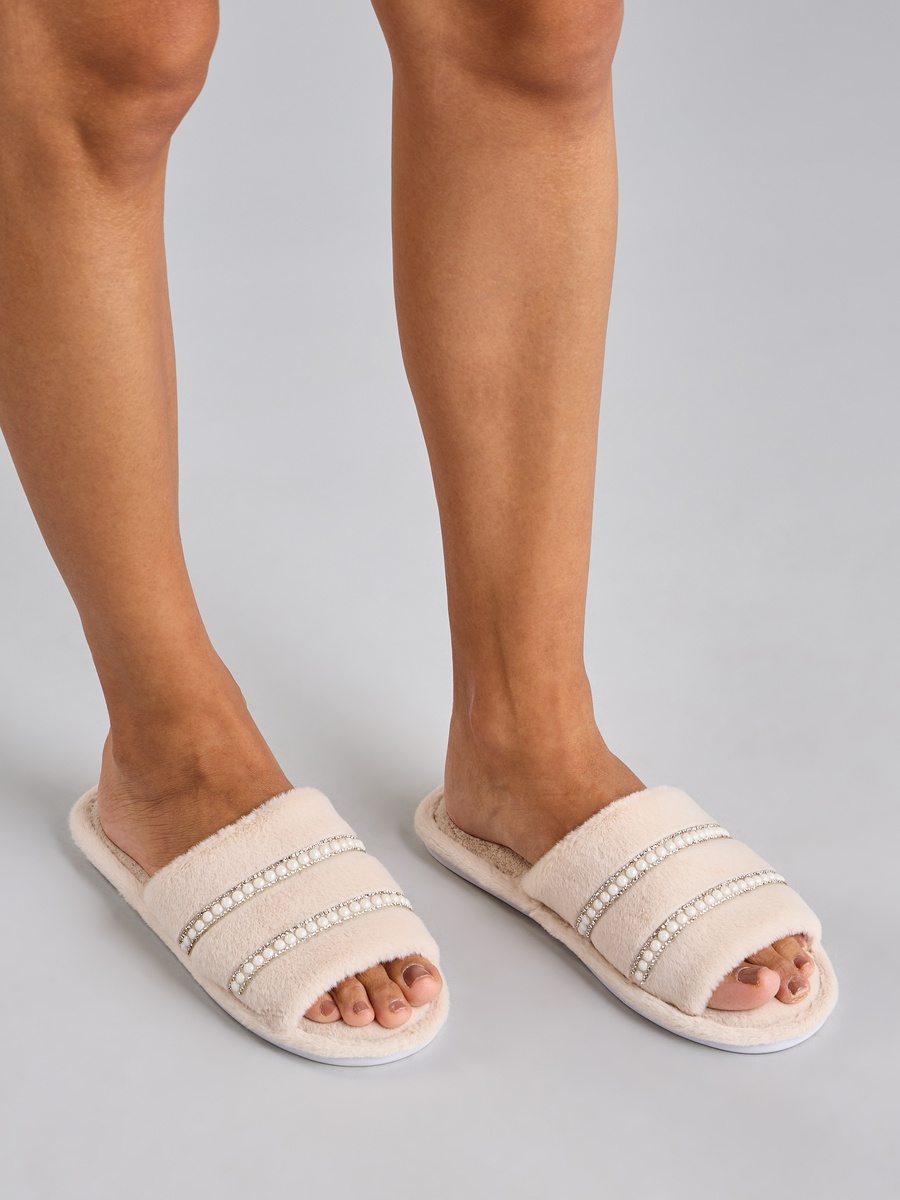 Faux Fur Embellished Bedroom Slides