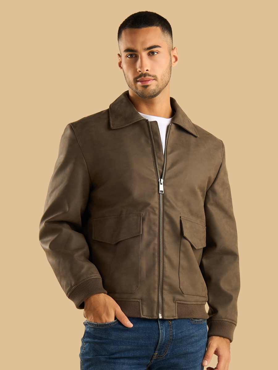 Solid Collared PU Jacket