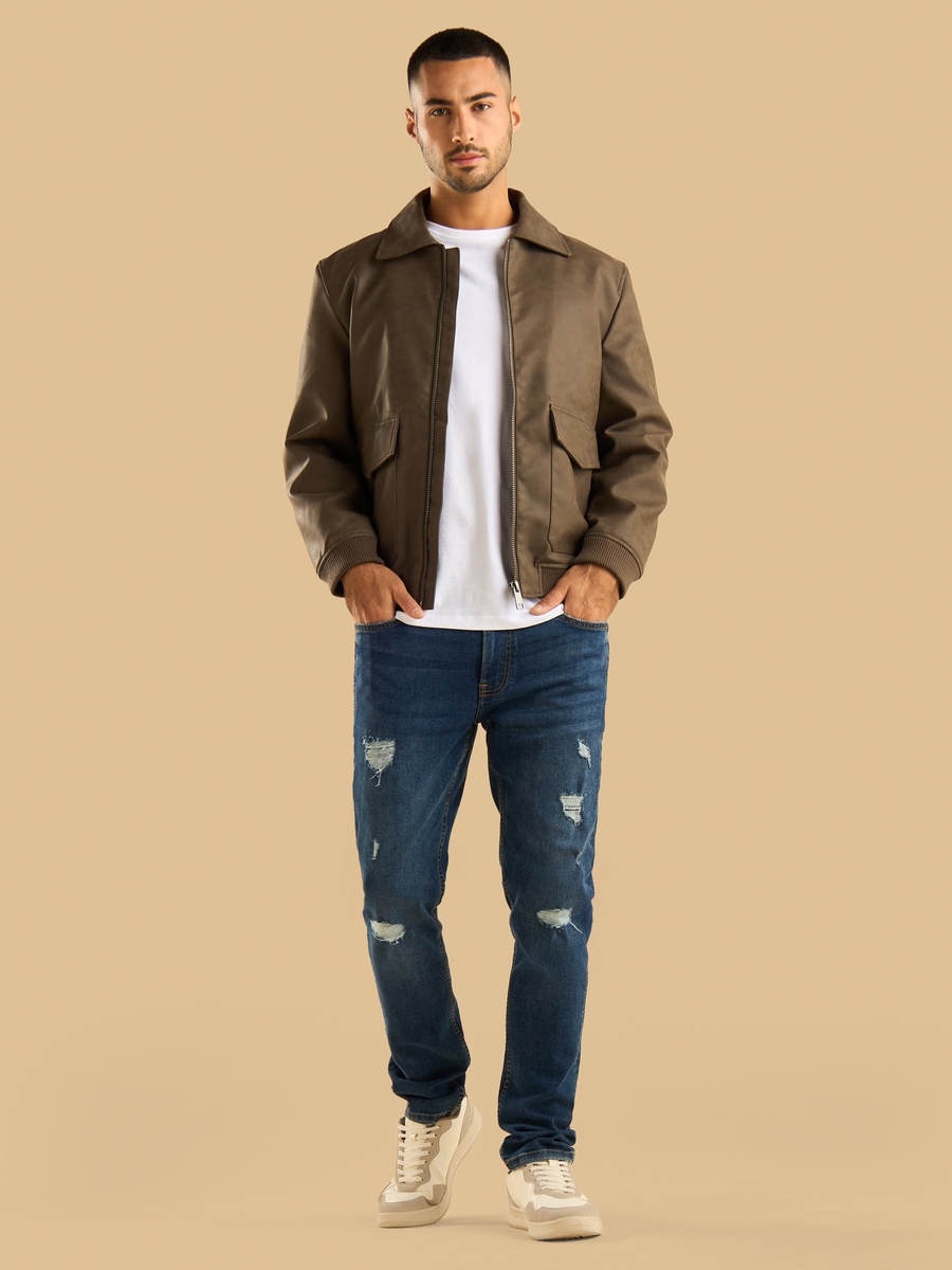 Solid Collared PU Jacket