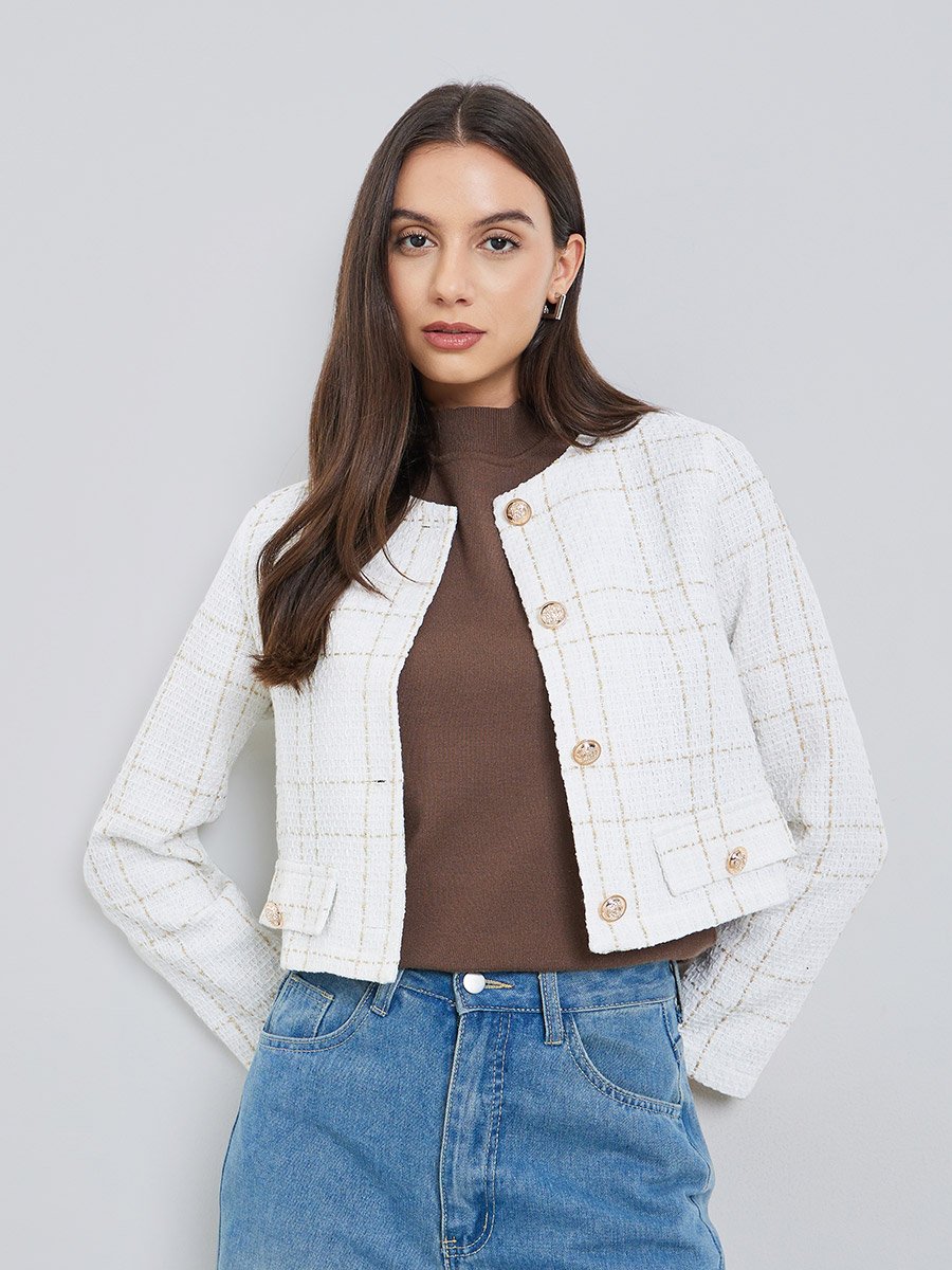 White Tweed Button Front Jacket