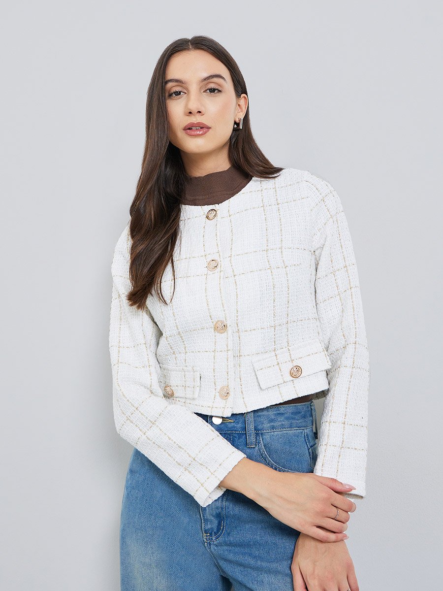 White Tweed Button Front Jacket
