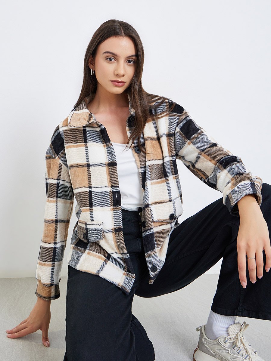 Checked Button Front Lapel Neck Long Sleeve Coat