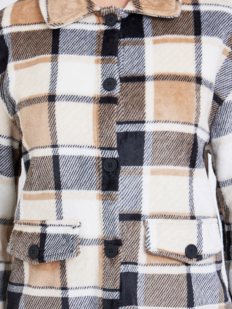 Checked Button Front Lapel Neck Long Sleeve Coat