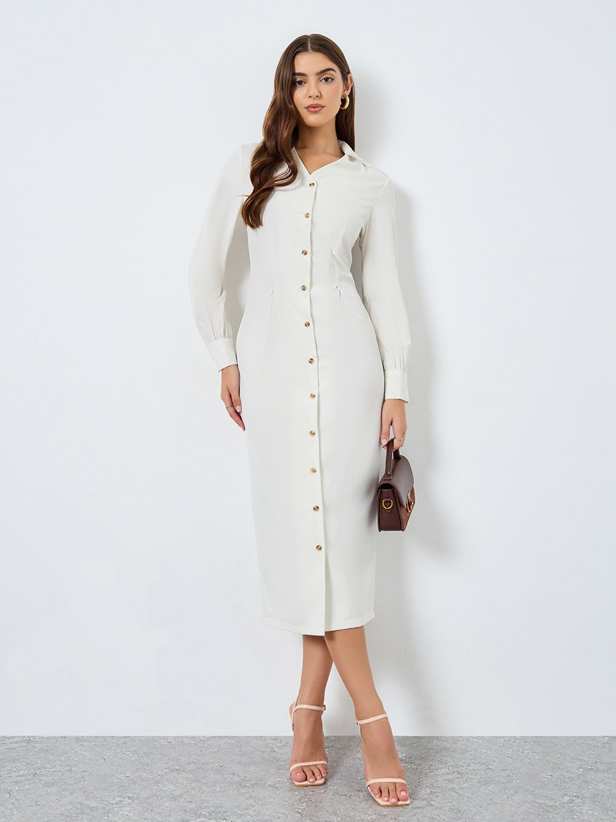 Solid Beige Midi Shirt Dress