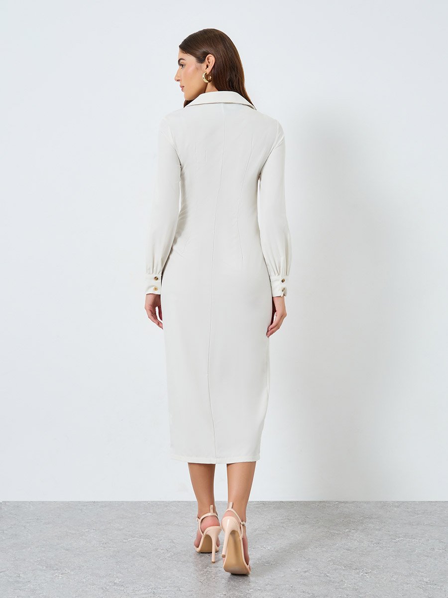 Solid Beige Midi Shirt Dress
