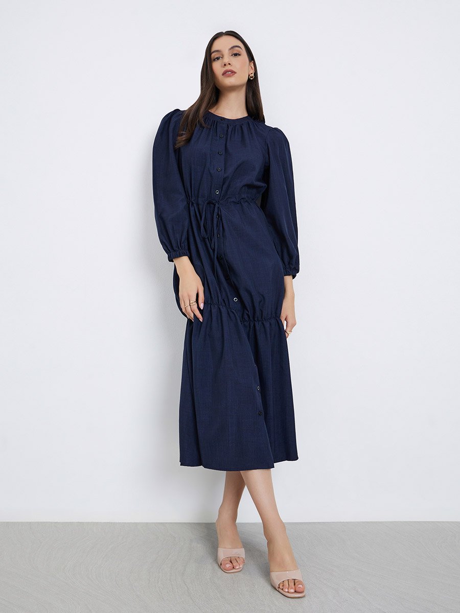 Dark Blue Long Sleeve A-Line Midi Dress