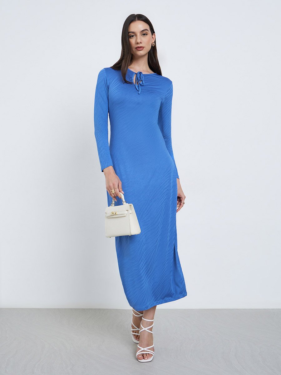 Blue Textured Bodycon Midi Dress