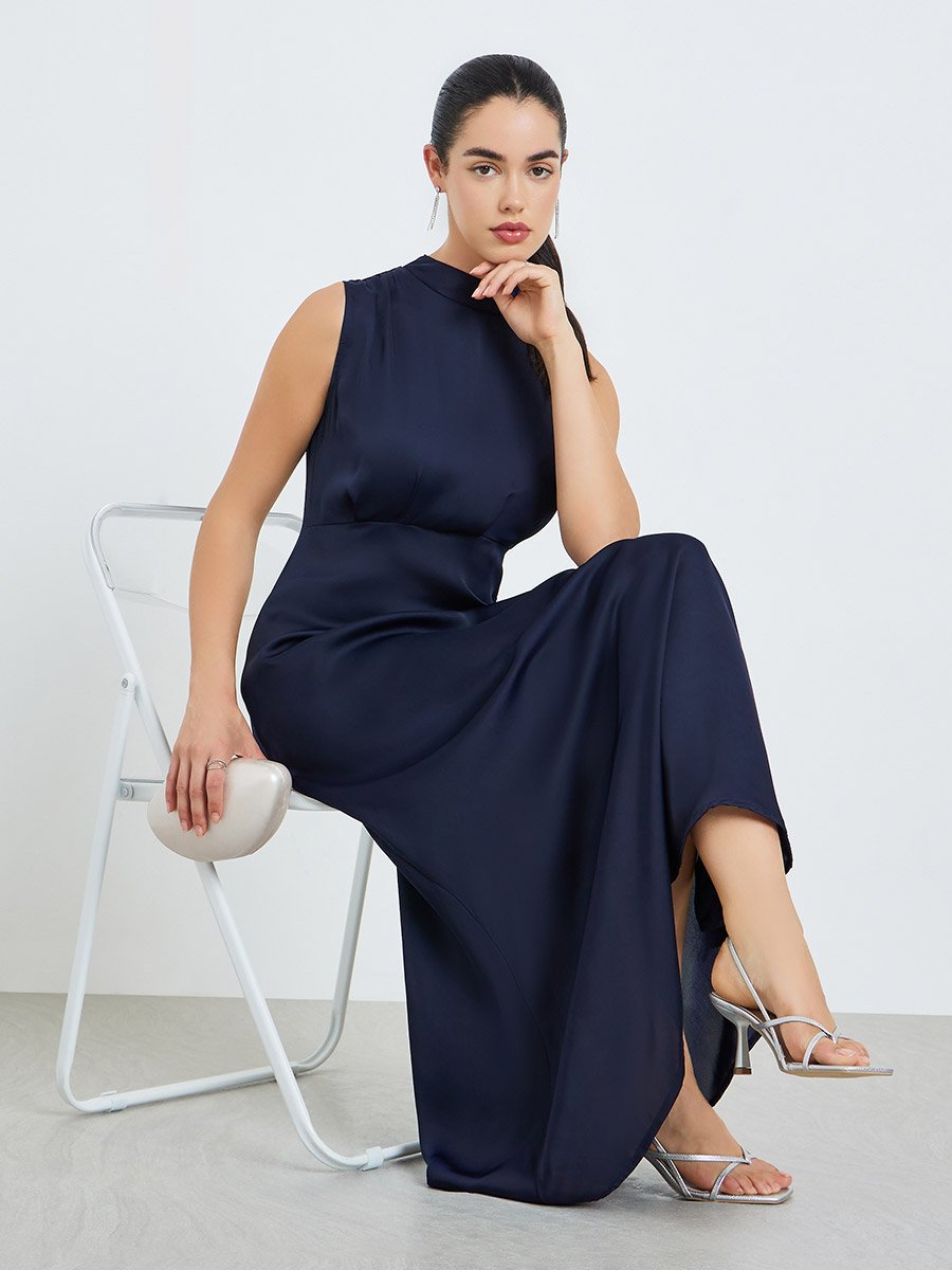 Women Navy Blue Sleeveless A-Line Maxi Dress
