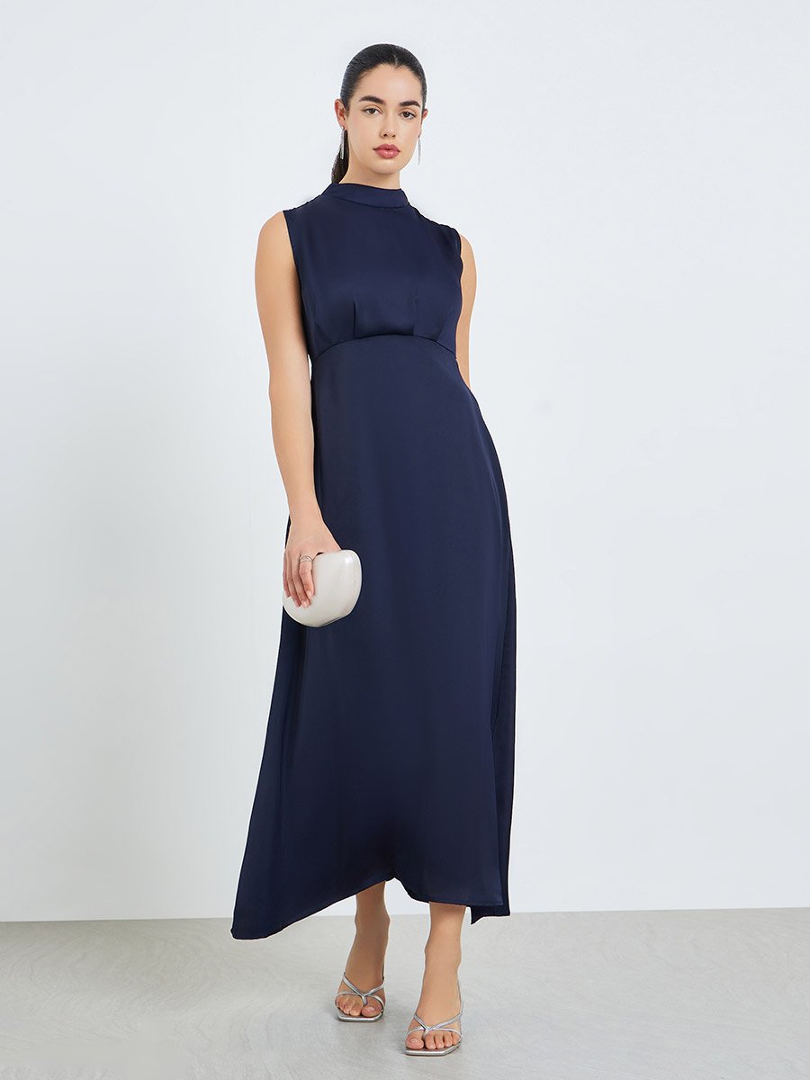 Women Navy Blue Sleeveless A-Line Maxi Dress