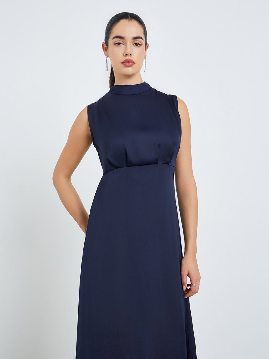 Women Navy Blue Sleeveless A-Line Maxi Dress