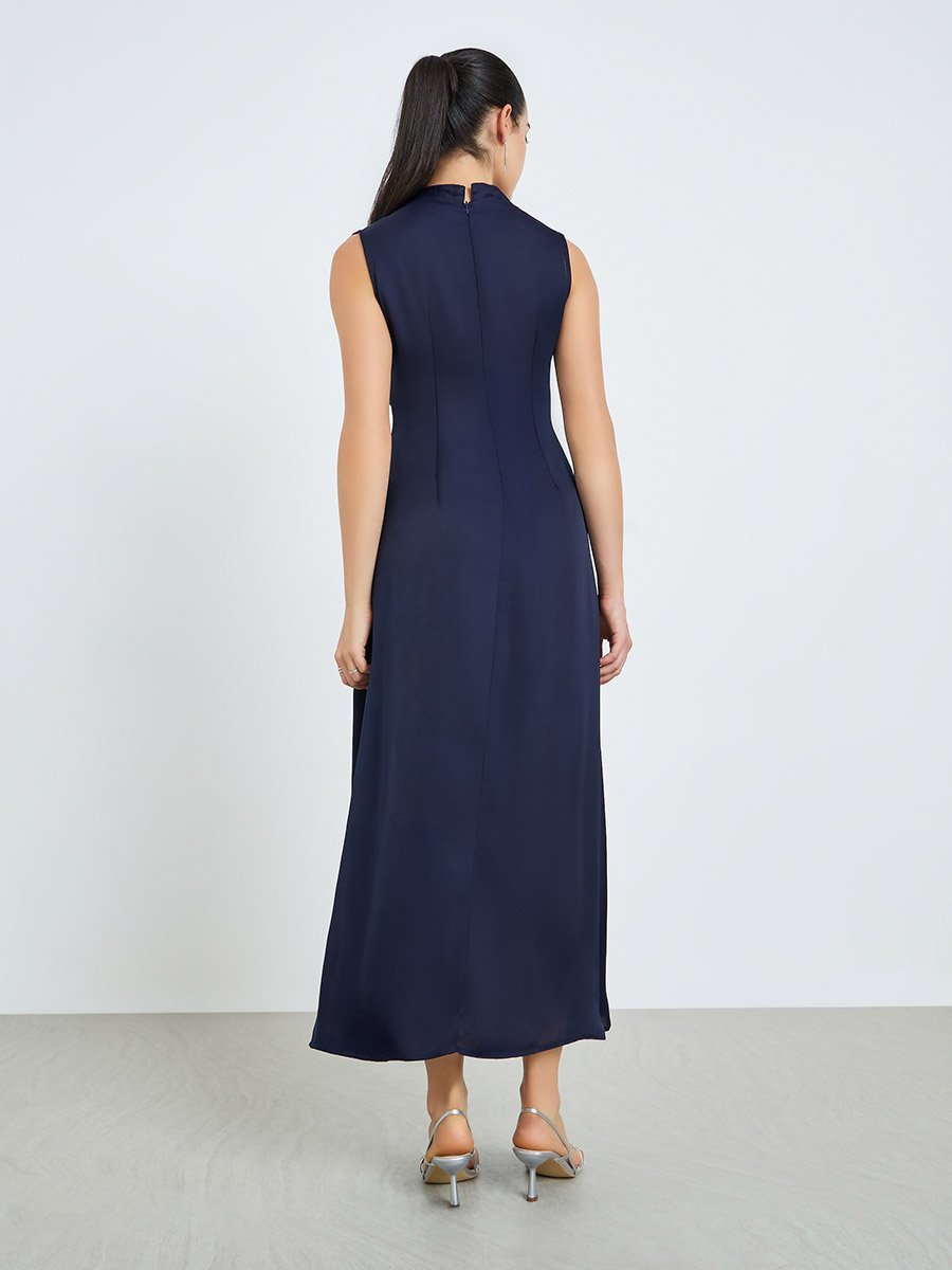 Women Navy Blue Sleeveless A-Line Maxi Dress