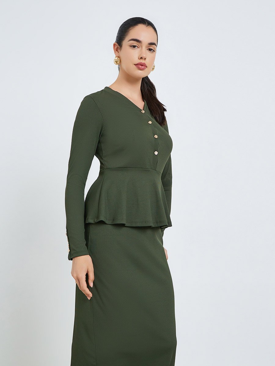 Women Olive Golden Buttons Sheath Midi Dress