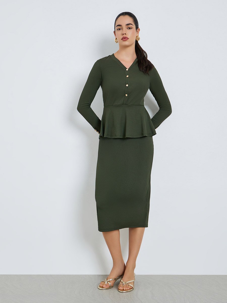 Women Olive Golden Buttons Sheath Midi Dress