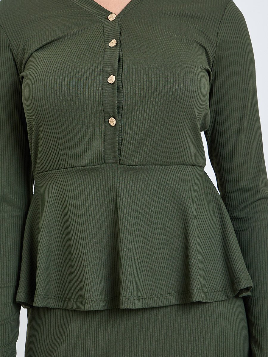 Women Olive Golden Buttons Sheath Midi Dress