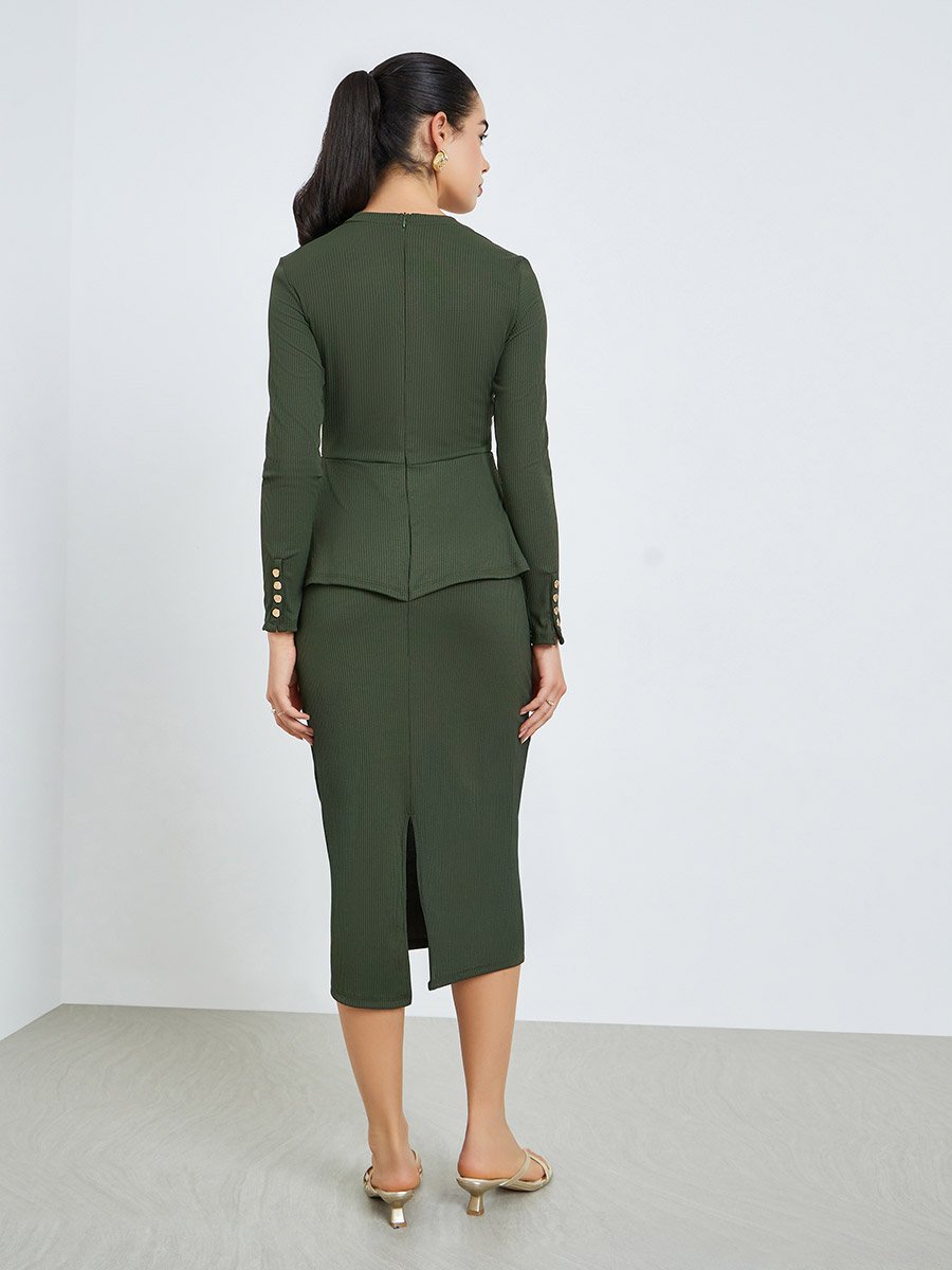 Women Olive Golden Buttons Sheath Midi Dress
