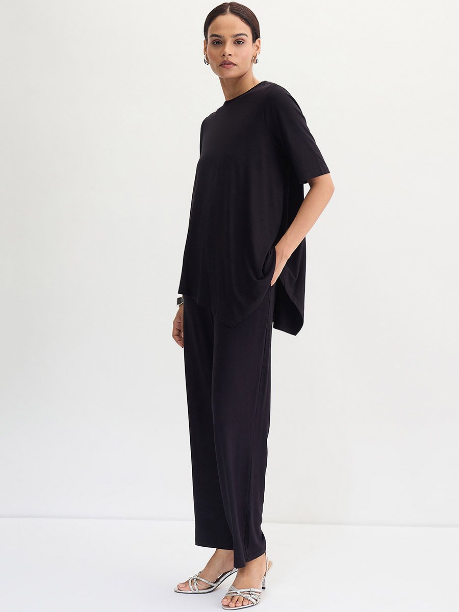 Black Asymmetrical Knit Top And Pants Co-Ords